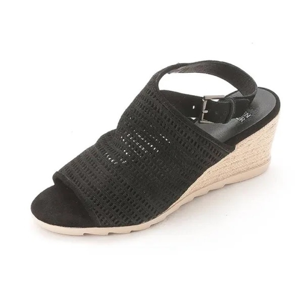 Eileen Fisher Women's Aura Slingback Espadrille Wedge Black Leather Twine Sz 9.5 - Picture 1 of 11